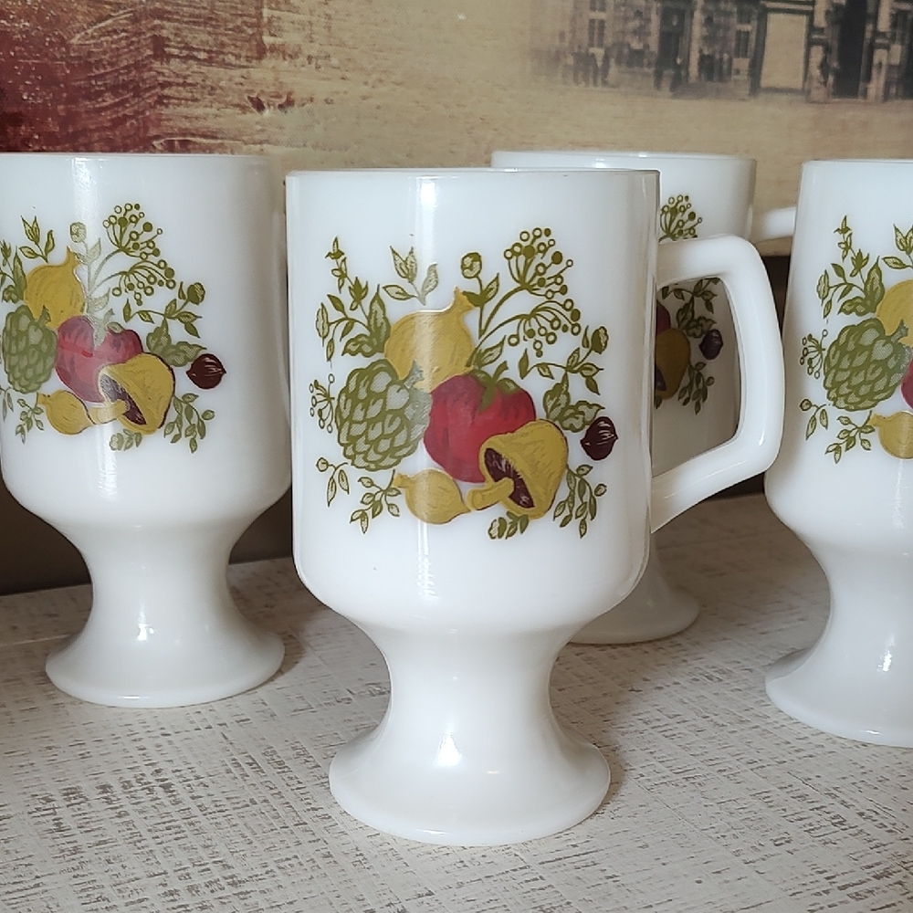 Corningware White Pedestal Mugs with Fruit Design